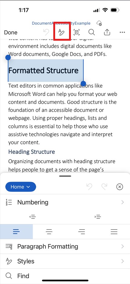Screenshot of Mobile Word screen with formating icon highlighed with a red square. Formatting icon is an A with a pencil to the right.