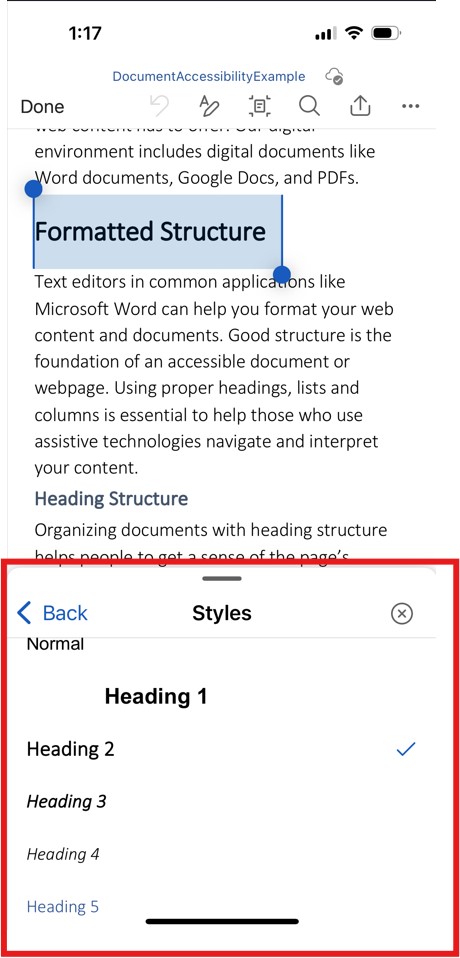 Screenshot of Word for Mobile with heading levels. Heading 2 is selected.
