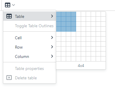 Screenshot of table option with grid depicting number of cells (4x4)