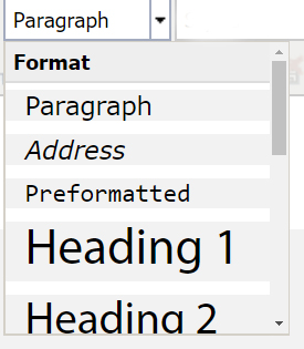 Screenshot of format option box menu showing Paragraph, Address, Preformatted, Heading 1 and Heading 2.