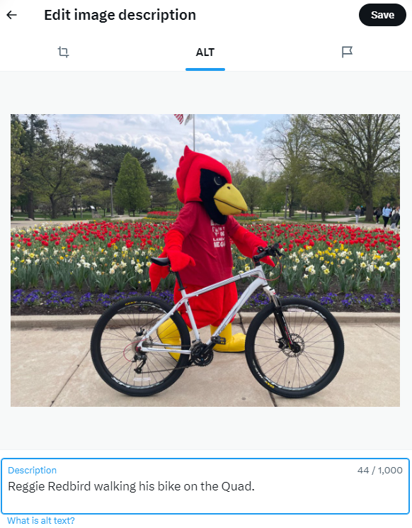 Screenshot from ISU's Twitter account showing an added alt text with its corresponding image