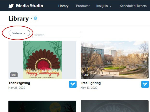Screenshot of Twitter Media Studio Library with video option selected from search box.
