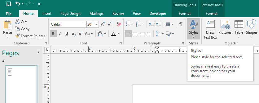 Screenshot of Publisher document with nested Heading Levels and Styles ribbon selected.