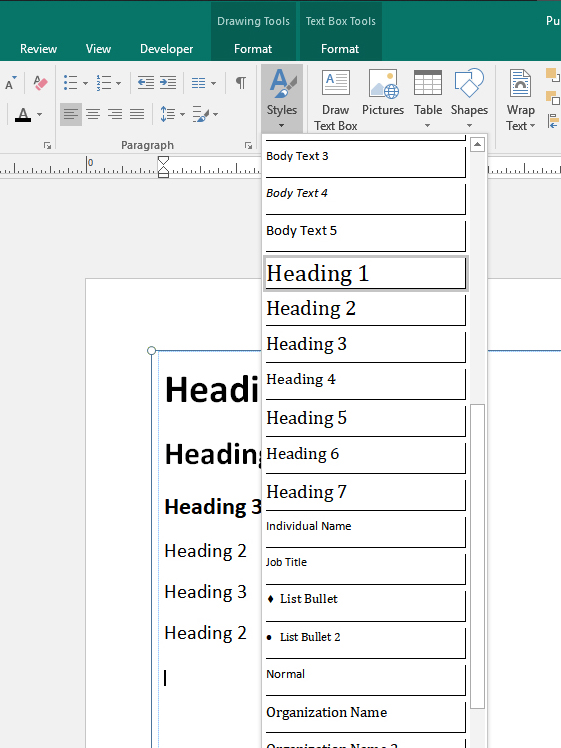 Screenshot of Publisher document with Heading 1 selected from Styles Options.