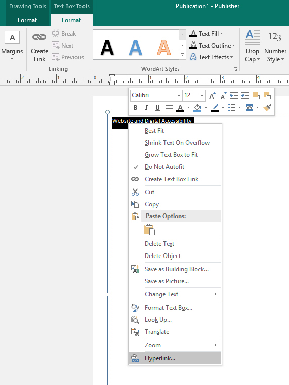 Screenshot of Publisher file with text selected and Hyperlink option selected from Menu.