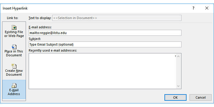 Screenshot of Insert Hyperlink dialogue box with Email address edit box filled out.
