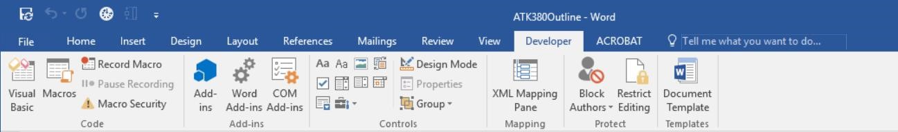 Screenshot of Word Document Main Tab Options with the Developer Tab open.