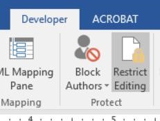 Screenshot of the Developer Tab with Restrict Editing selected from the Protect Group.