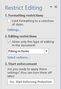 Screenshot of Restrict Editing Panel with Allow only this type of editing in document check box checked and Filling in forms selected from drop-down menu.