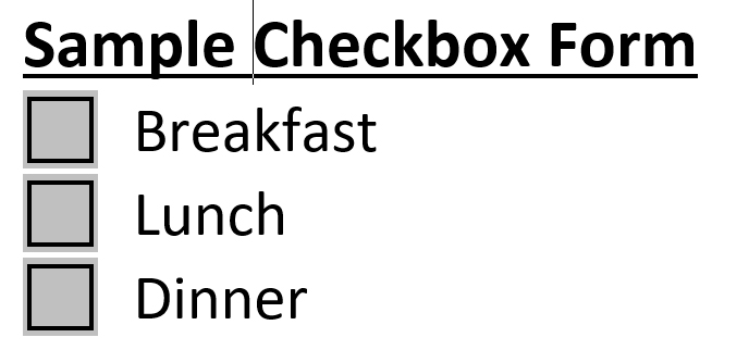 Screenshot of Sample Checkbox Form with checkbox choices for Breakfast, Lunch and Dinner.