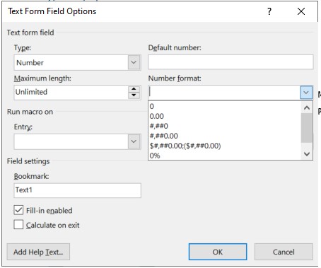 Screenshot of Text Form Field Options with Number Format dropdown open.
