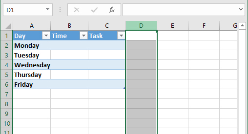 Screenshot of a spreadsheet with a table spanning 3 columns and 6 rows. The fourth column, which is blank, is selected.