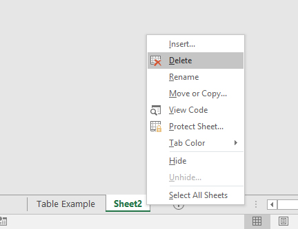 Screenshot of 2 worksheet tabs one is selected with the drop down menu open and Delete is highlighted.