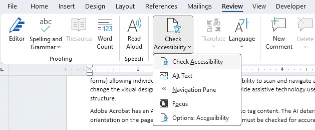 Screenshot of Microsoft Tool Ribbon with Review selected and Accessibility Checker highlighted.