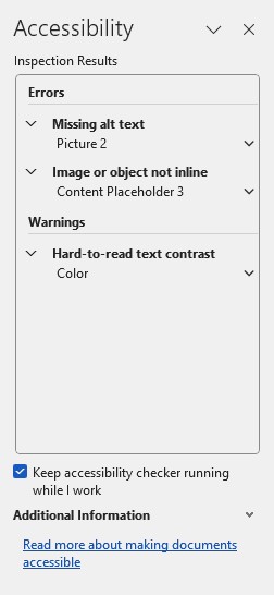 Accessibility Checker slide out with list of errors and warnings.