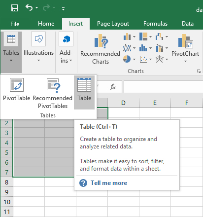 Screenshot of Excel Insert Tab with Tables group selected and Table highlighted from the list of Table options.
