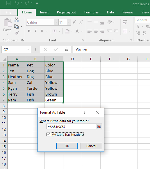 Screenshot of Excel Table highlighted witht he Format as Table dialog box open. the my table has headers check box is checked.
