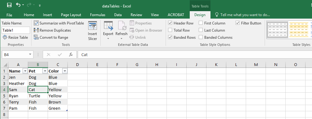 Screenshot of Excel table with Header Row and First Column checkboxes checked in the Table Styles Options Ribbon.