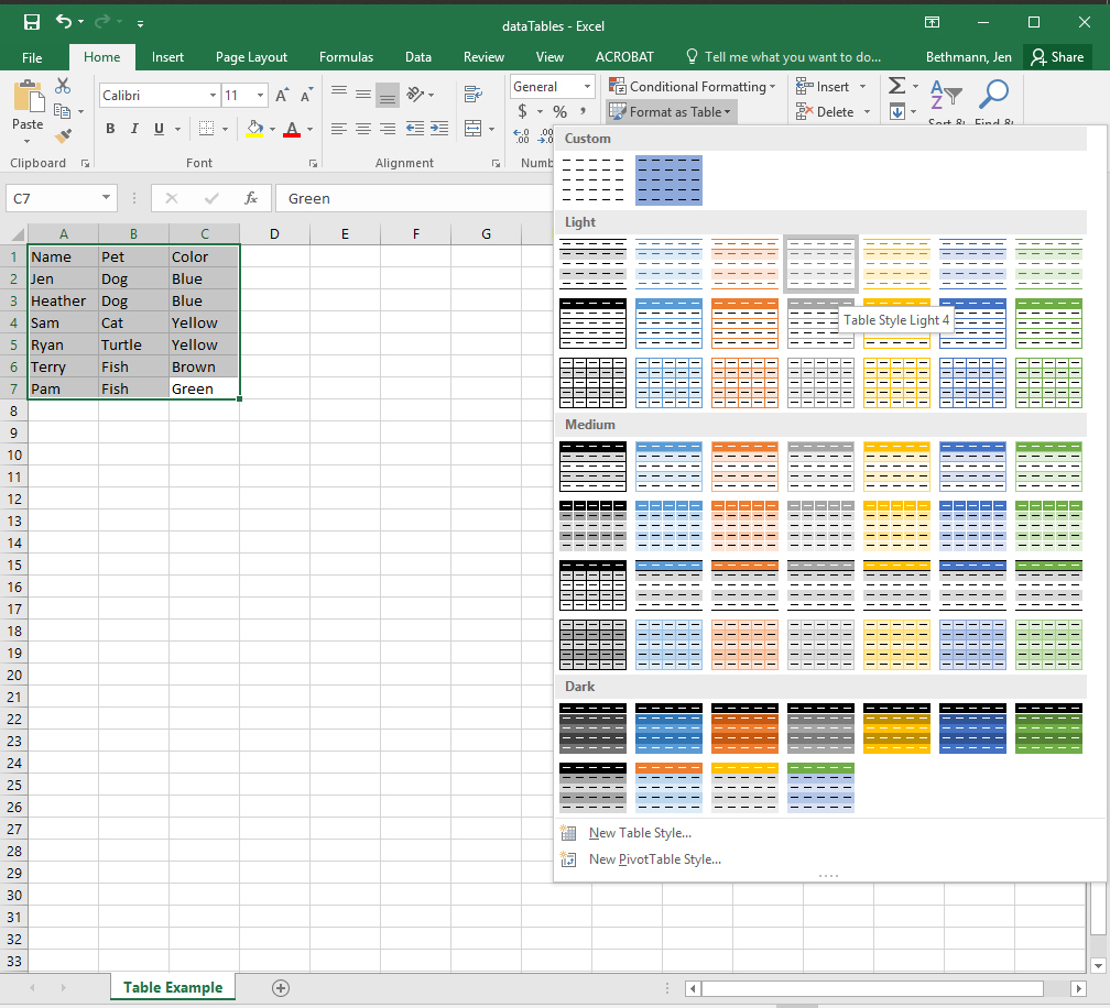 Screenshot of excel table cells highlighted with the Format as Table option selected from the Home Tab. The Table Styles dropdown is open.