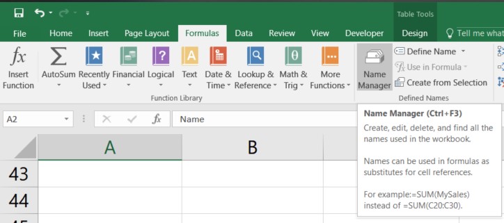 Screenshot of Formulas tab with Name Manager selected.