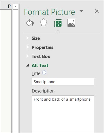 Screen shot of Format Picture Pane with alt text entered into Title and Description fields.