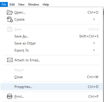 Screenshot of Acrobat document with File menu selected and Properties selected.