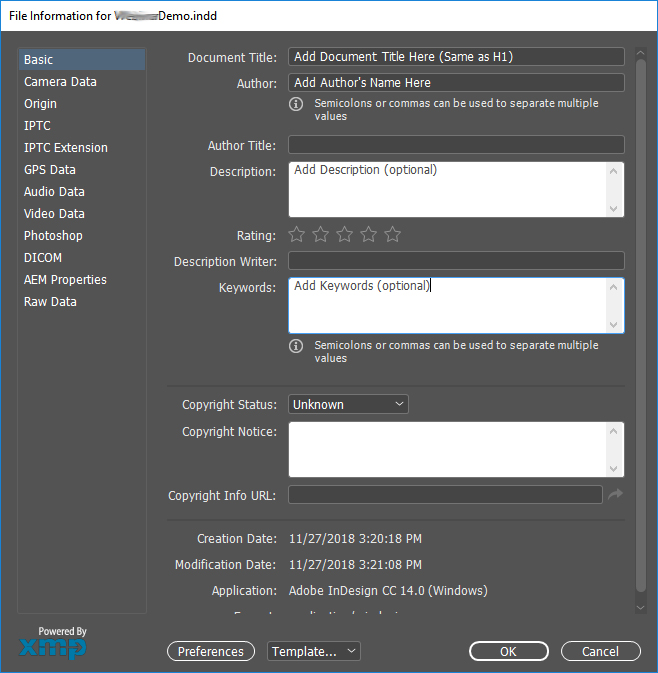 Screenshot of the File Information dialogue box with Document, Author and Keywords filled out.