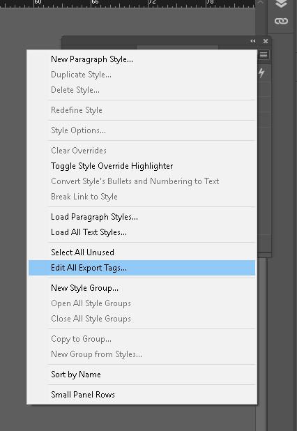 Screenshot of Paragraph Styles Menu Options with Edit All Export Tags selected.