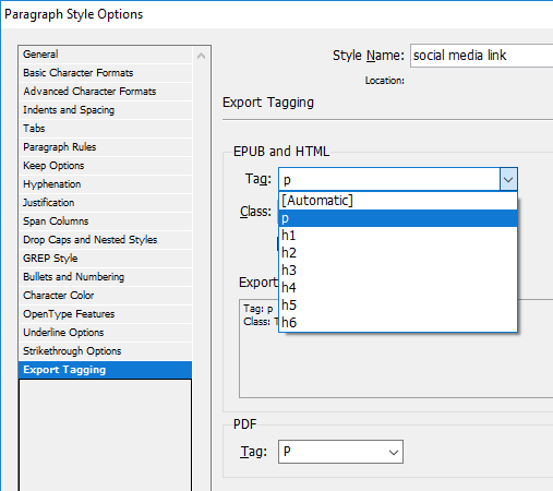 InDesign paragraph styles options dialogue box with P tag selected under EPUB and HTML heading.