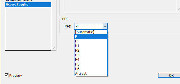 InDesign paragraph styles options dialogue box with P tag selected under PDF heading.