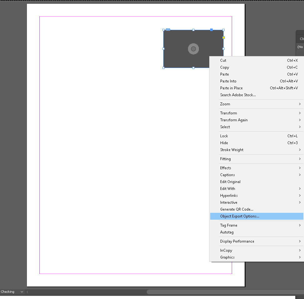 Screenshot of Image with Options menu and Object Export Options selected.