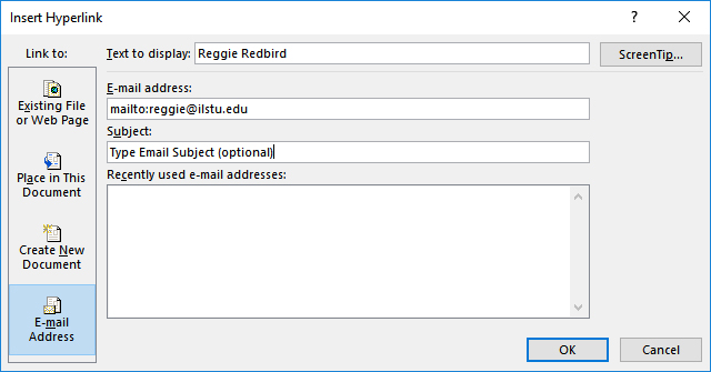 Screenshot of Insert Hyperlink dialogue box with Email address edit box filled out.
