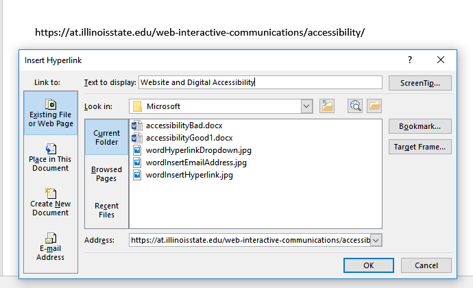 Screenshot of Insert Hyperlink dialogue box with Text to Display filled out with meaning text.