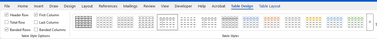 screenshot of Word Table design tab with Header Row and First column Checked.