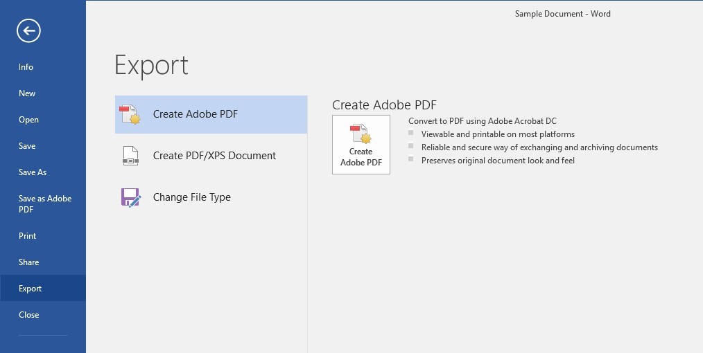 Screenshot of Export Menu with Create Adobe PDF button.