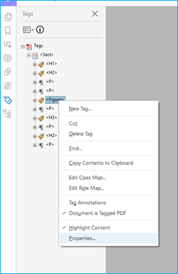 Screenshot of Tags Panel in Adobe Acrobat Pro with a Figure tag selected and the Properties option selected in dropdown box.
