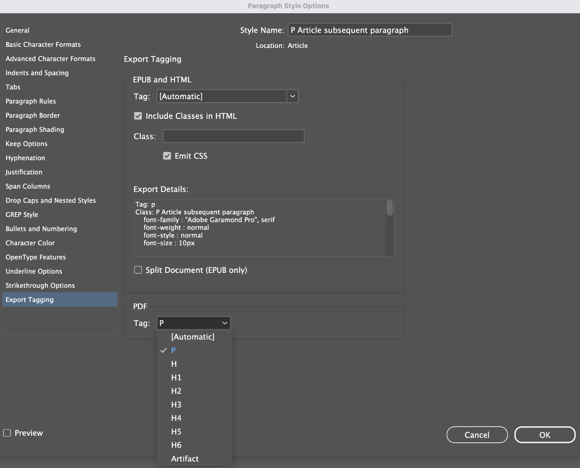 Screenshot of Export tagging screen.