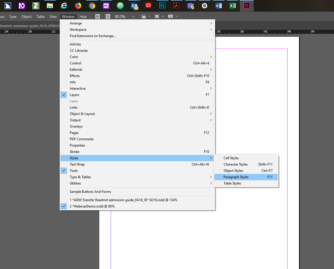 Screenshot of Window options with Styles, and Paragraph Styles selected.