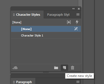 Screenshot of Character Styles Panel with Create New Styles button selected.