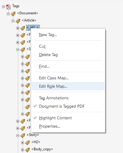 Screenshot of Tags Pane with the dropdown menu open and Edit Role Map selected.