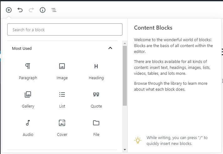 Content Blocks screen with options to add paragraph, image, heading, gallery, list, quote, audio, cover and file.