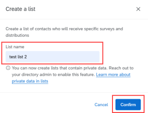 Image of Create a list window with List name field and Confirm button