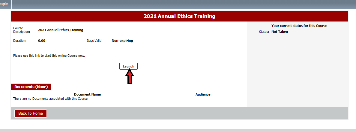 Screenshot depicting the Launch button within the selected training course