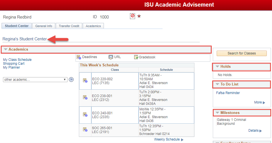 Image of Student Center tab with Holds, To Do List, and Milestones sections