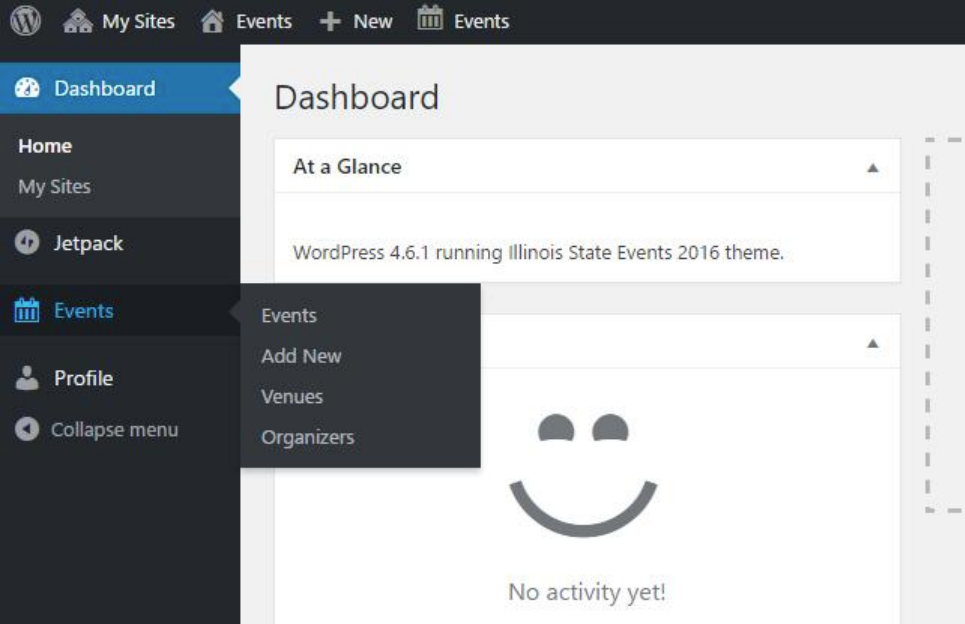 Events dashboard with Events and Add New highlighted