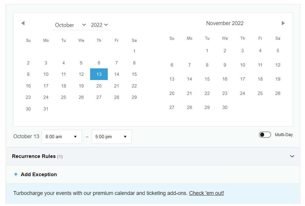 Date dropdown with date, time, multi-day toggle, recurrence rules and exceptions