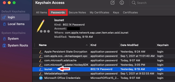 Passwords tab and isunet option in Keychain access
