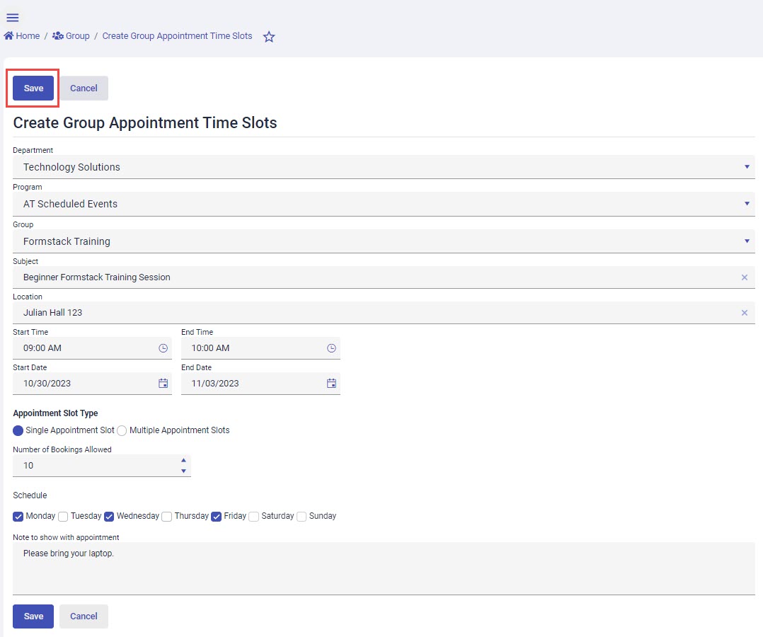 Image of Create Group Appointment Time Slots page with Save button
