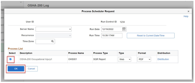Image of Process Schedule Request window with Select column