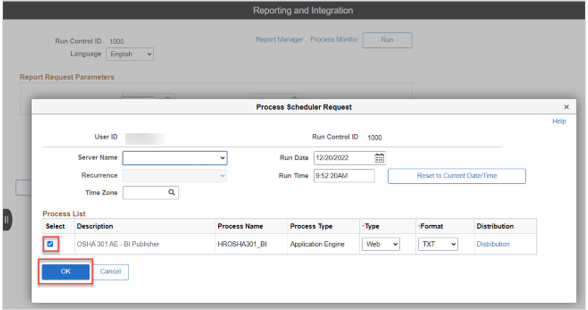 Image of Process Scheduler Request window with Select column
